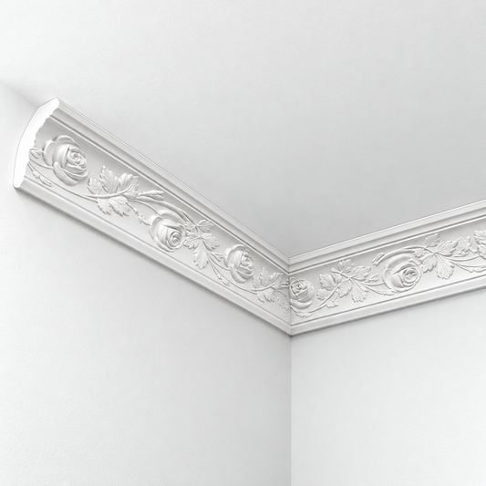 Stuckleiste C-12 – Deckenleiste aus Gips 95x80 mm Rosenornament